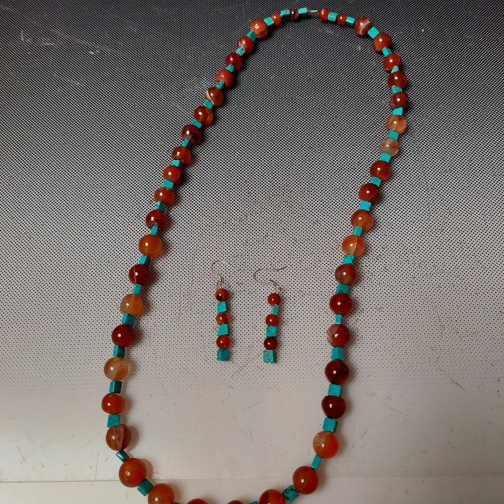 Carnelian  turquoise necklace graduated beads 24in matching earrings